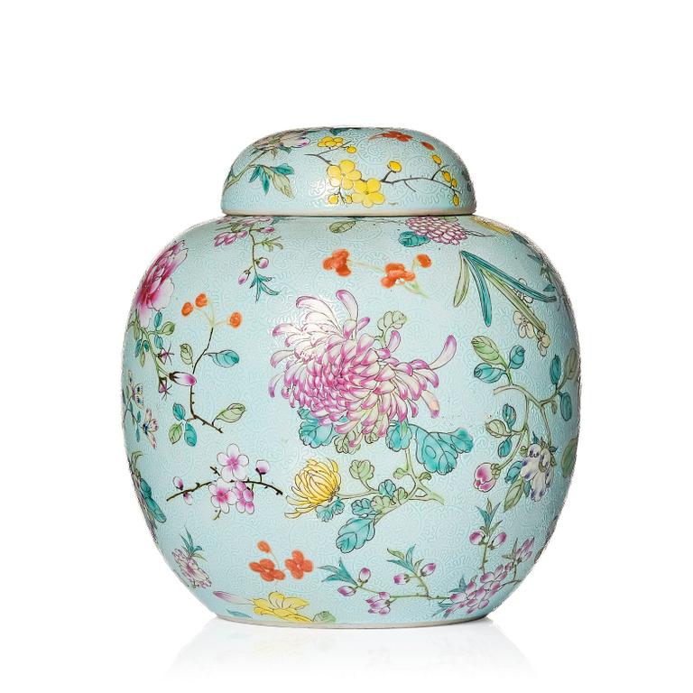 A Chinese mille fleur jar with cover, 20th Century, with Guangxu mark to base.