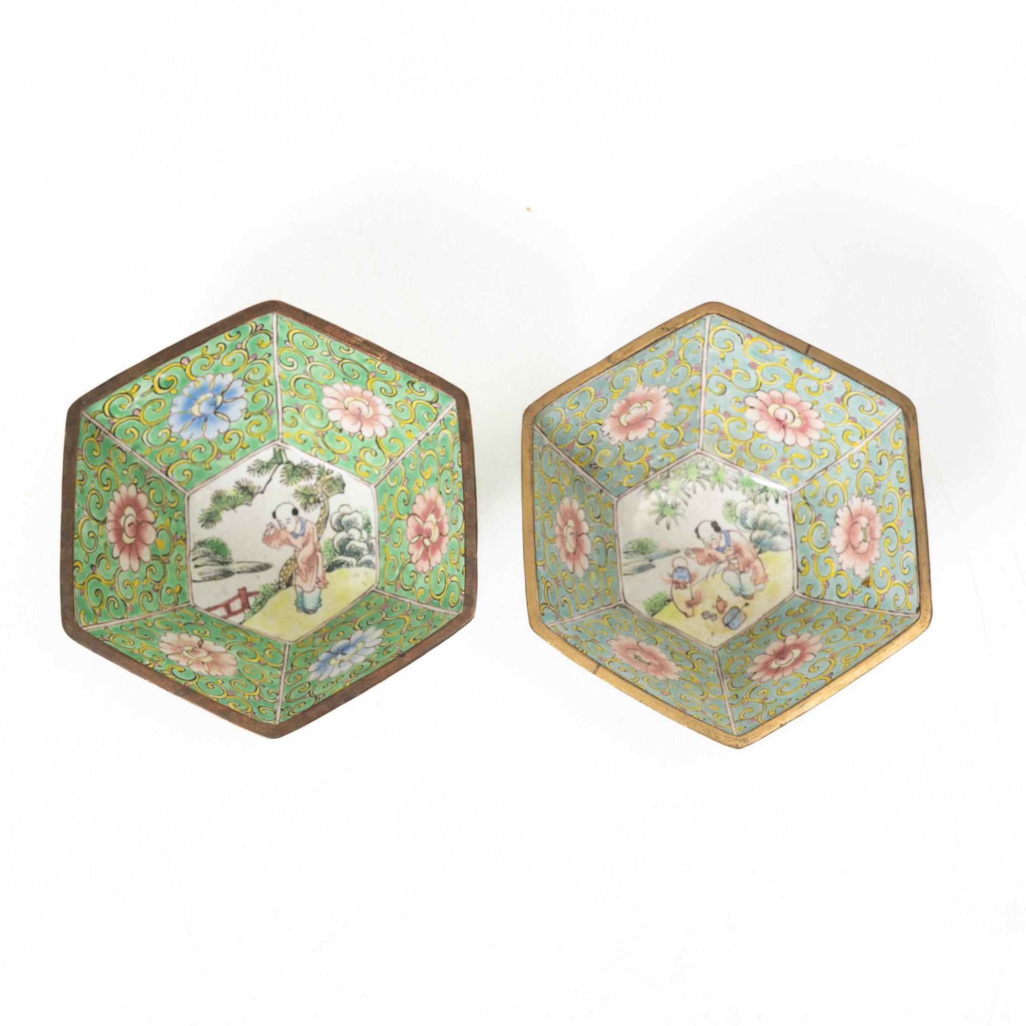 A set of six Chinese enamel on copper bowls and a dish, Qing dynasty and 20th century.