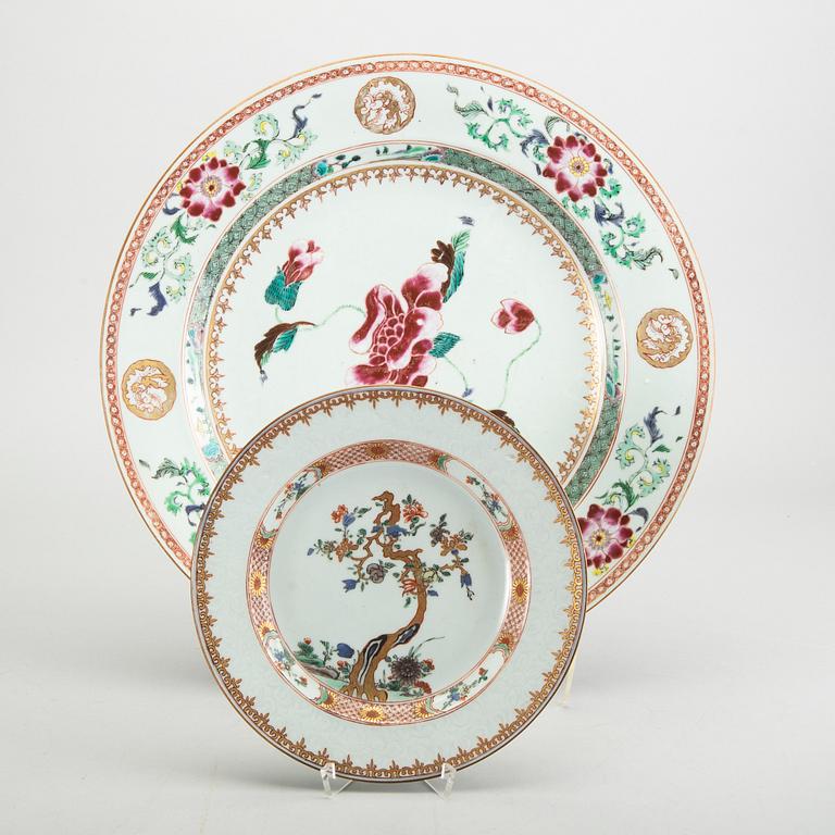 A Chinese Qianlong porcelain plate and dish in famille rose colours.