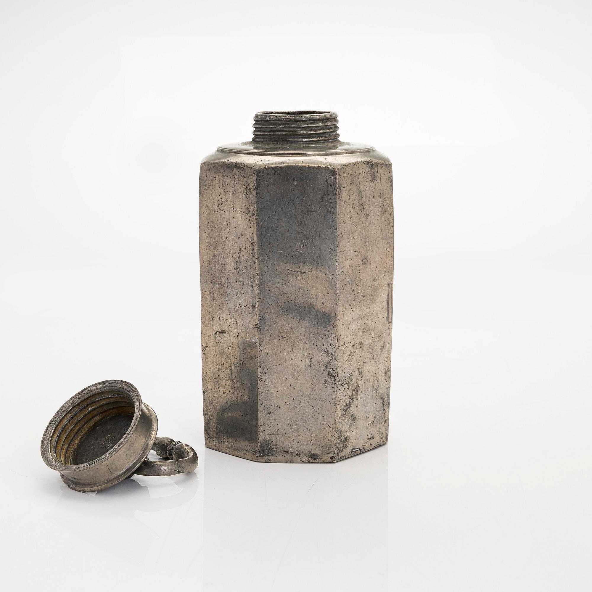 A pewter bottle, maker's mark of Daniel Rising, Turku, Finland, late 18th Century.