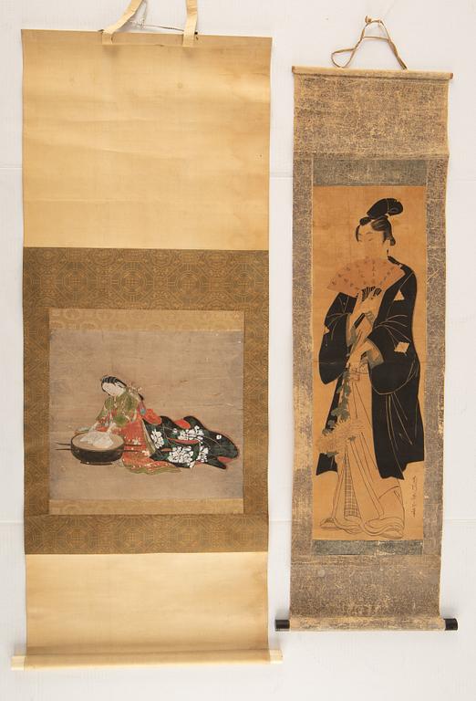 A Japanese scroll painting and a woodblock print in colours, around the year 1900 and 19th Century.