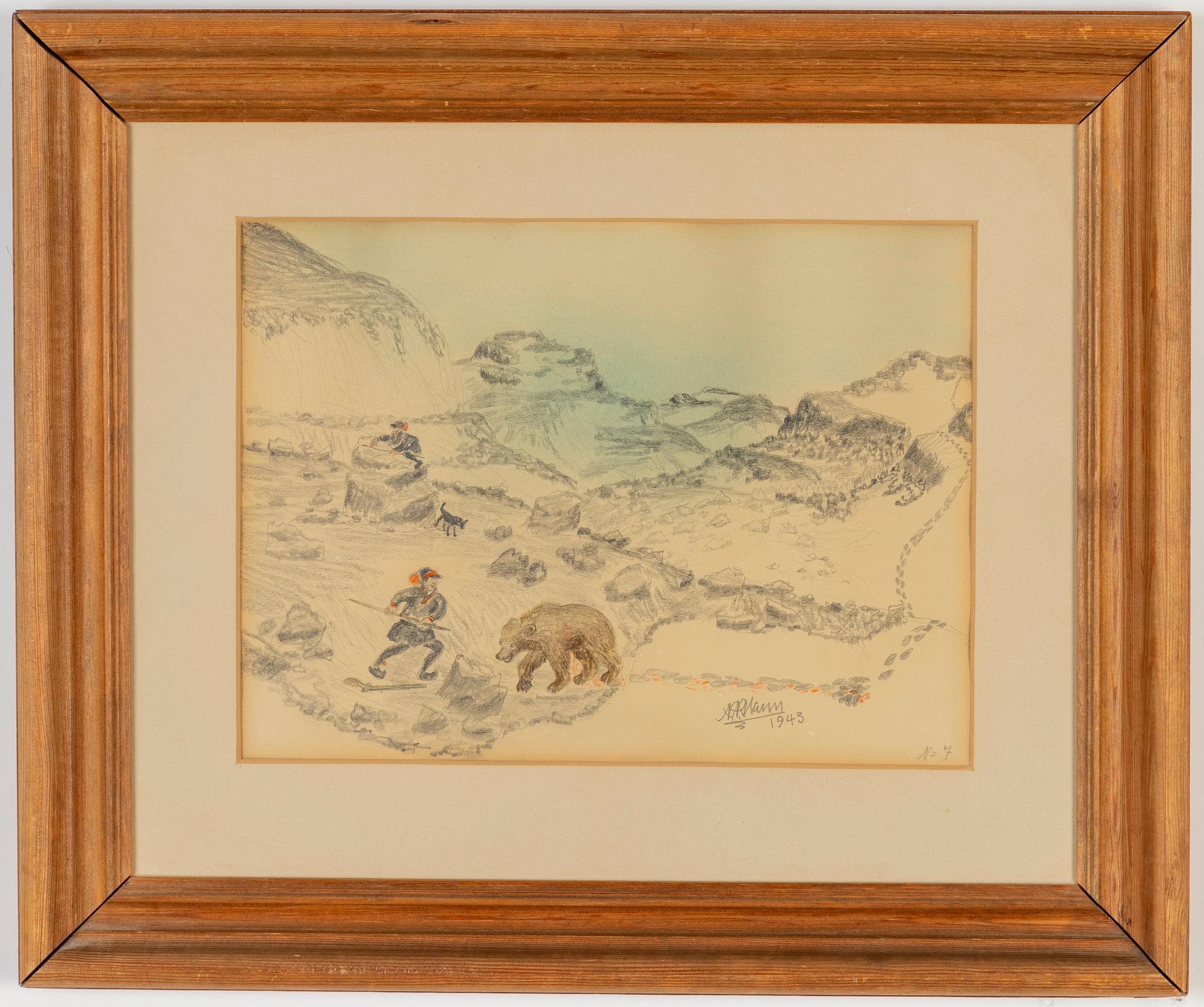 Nils Nilsson Skum, krit- och blyertsteckning, signerad och daterad 1943.