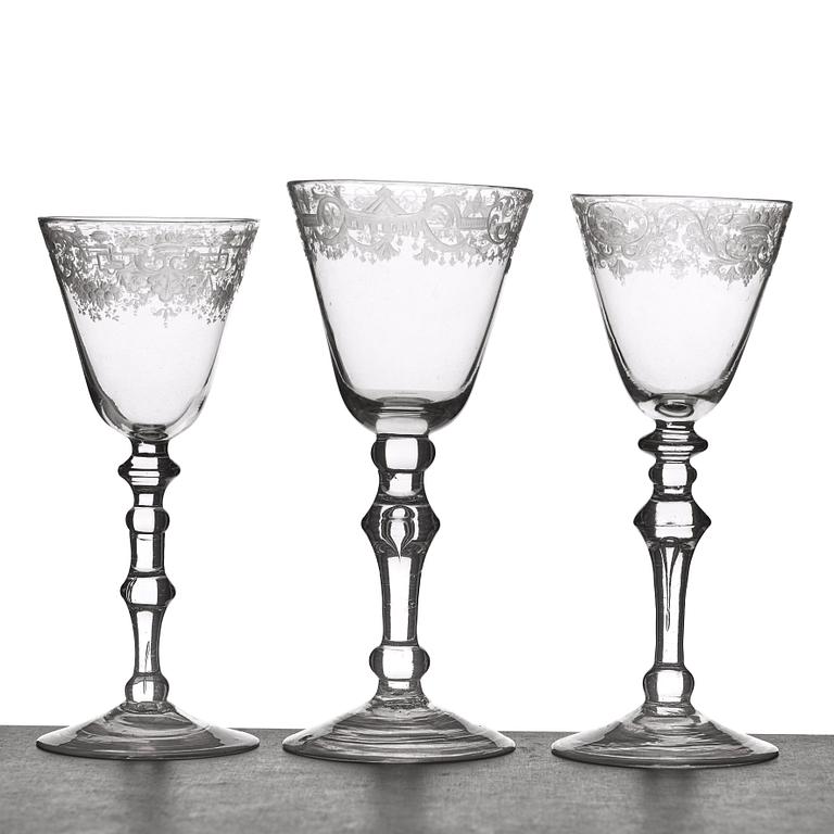 A set of three wine glasses, 18th Century.