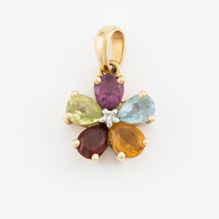 Earrings and pendant, 18K gold with peridot, topaz, amethyst, and small diamonds among others.
