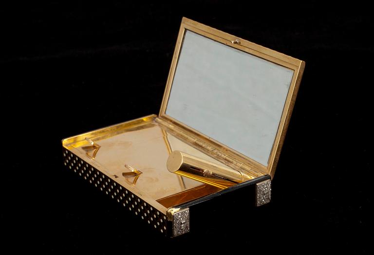 CARTIER MAKE-UP ETUI, Nr: 01074. 18K guld, emalj. Baguette- och rosenslipade diamanter ca 1.00 ct. Vikt 271 g.