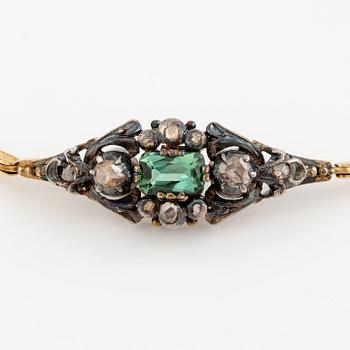 Armband 18K guld och silver med grön turmalin och rosenslipade diamanter.