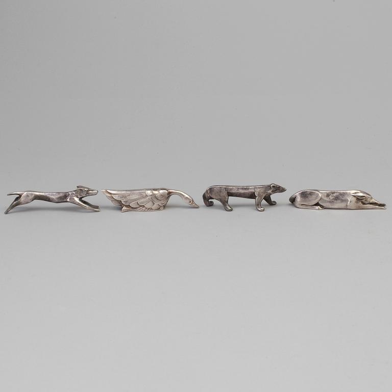 12 silver plated animal-shaped knife rests designed by Marcel Edouard Sandoz for Gallia Christofle, France.