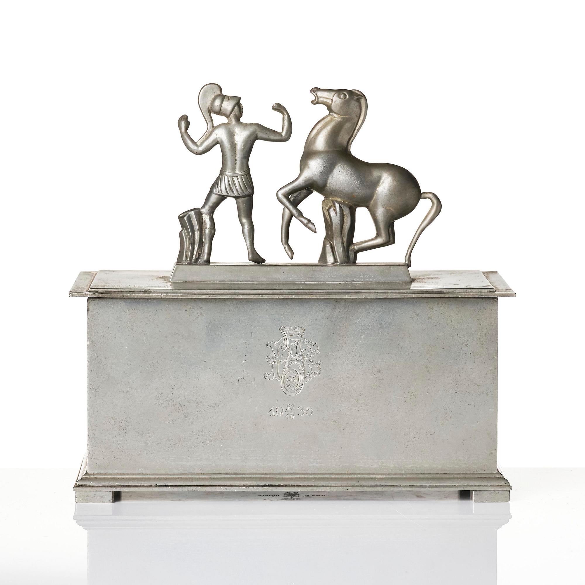 Oscar Antonsson, a "Hästbetvingaren" (Tamer of Horses) pewter box, Ystad-Metall, Sweden, 1932.