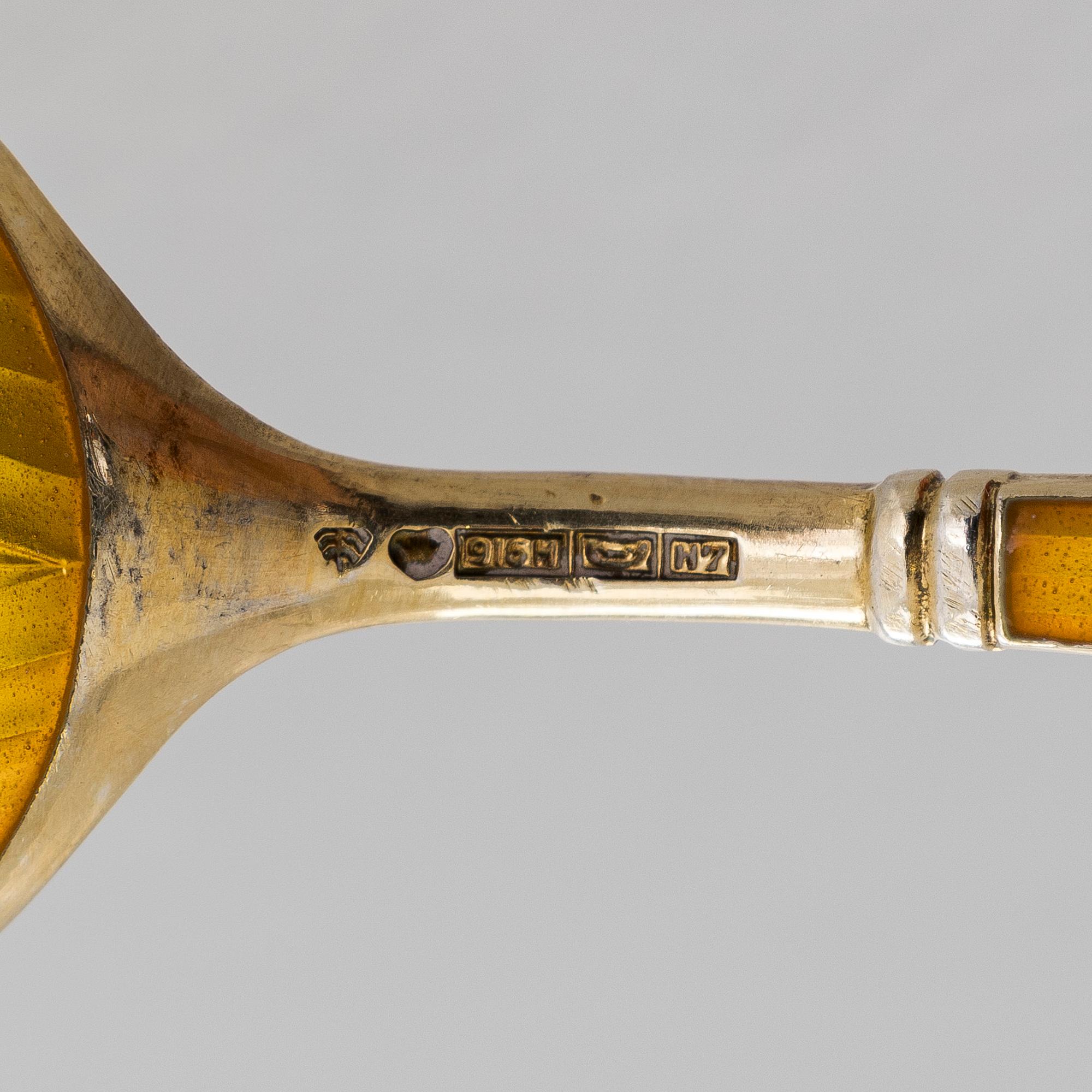 Tillander,a set of six enamel and gilded silver ice-cream spoons, Helsinki 1961.