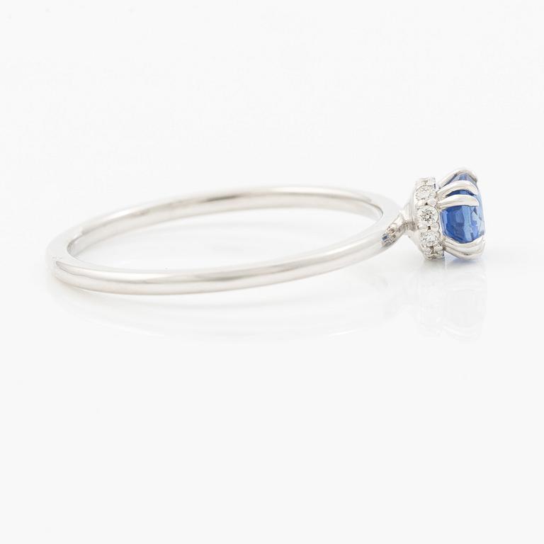 Ring 14K white gold with a sapphire and small brilliant-cut diamonds.
