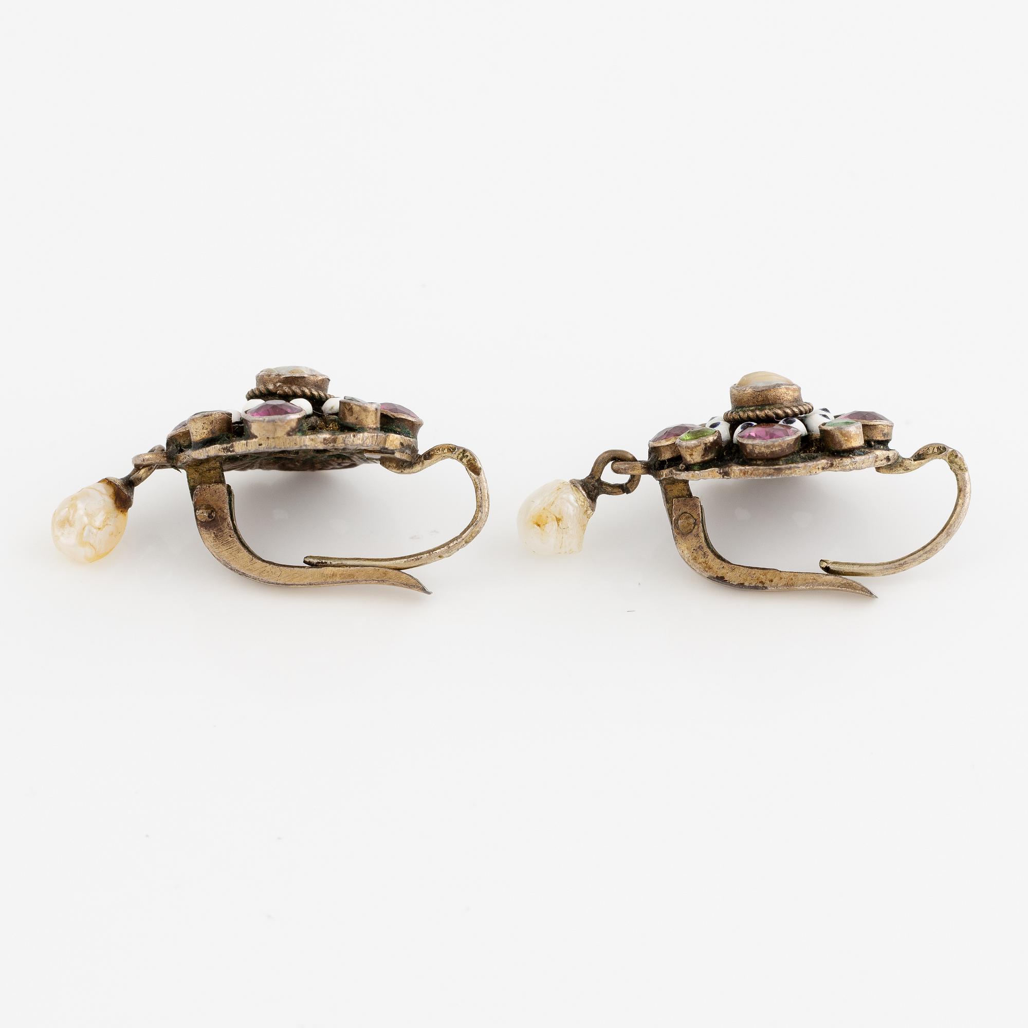 Earrings, two pairs, silver, enamel, pearls, glass stones.