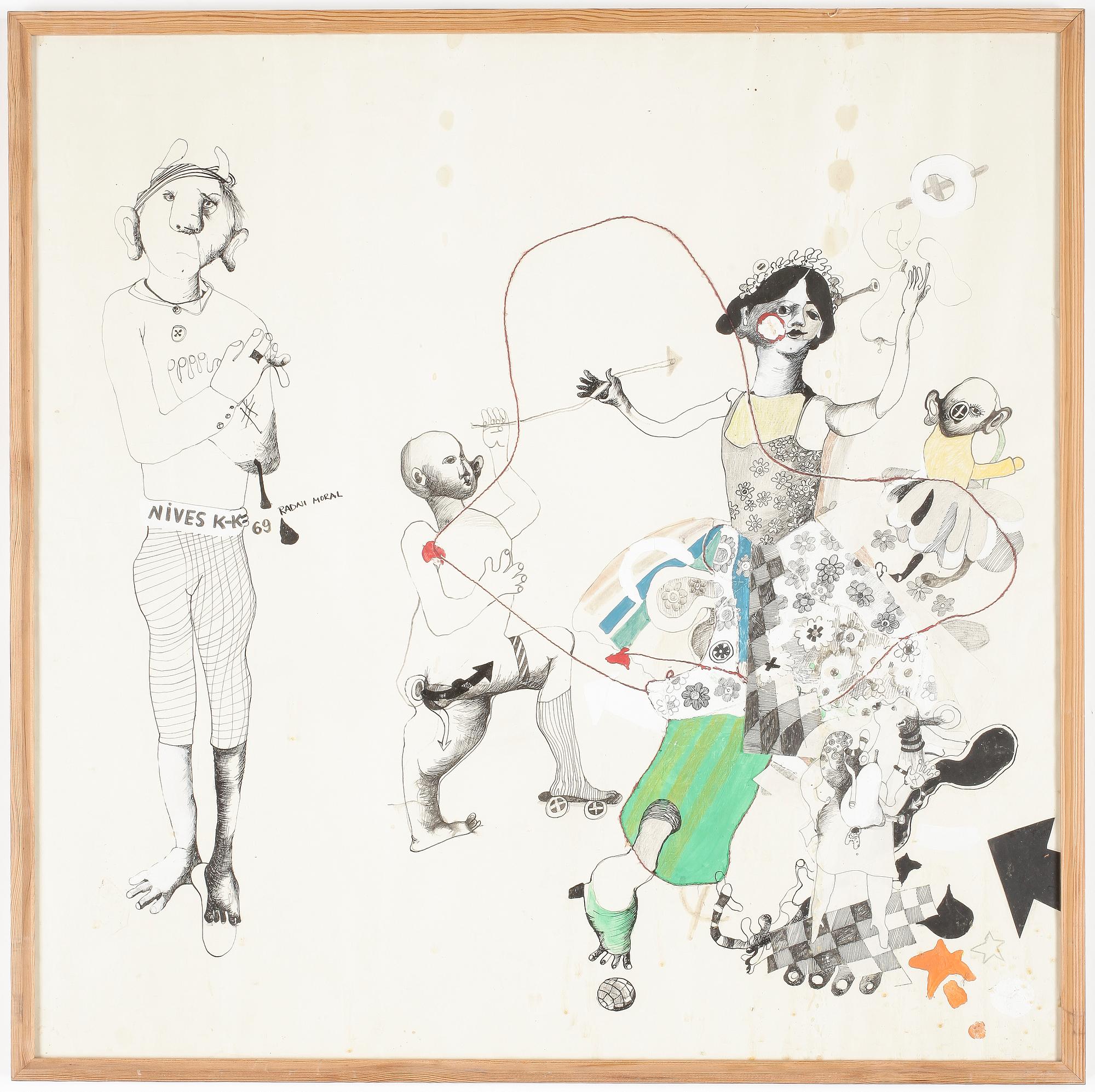 OKÖND KONSTNÄR, tusch med blandteknik, bär beteckning, 1900-talets andra hälft.