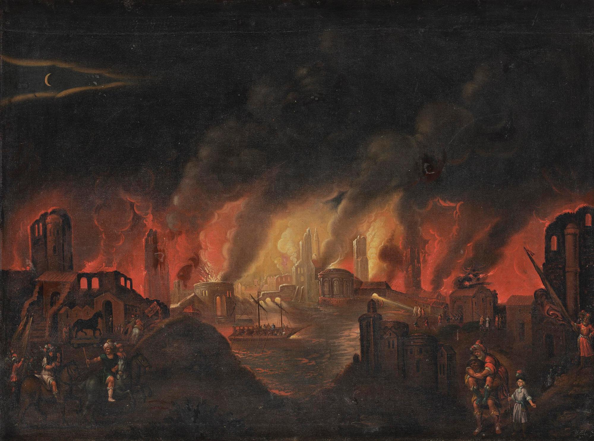 Rombout van Troyen, his circle, Troy is burning.