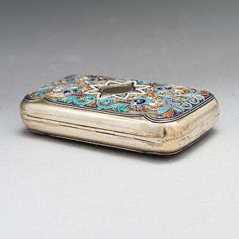 A cloisonné enamel and gilt silver cigarette case, maker's mark of Grigorii Andreev, Saint Petersburg, Russia 1885-1898.