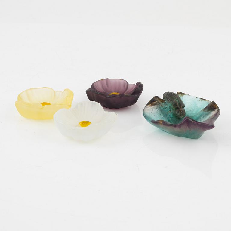 Daum, a pâte verre dish and a set of three glass objects, France, second half of 20th century.