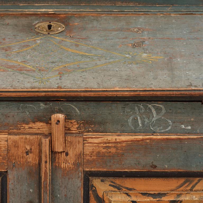 A polychrome-painted writing-cabinet attributed to J. Bäckström (1773-1837), dated 1828.