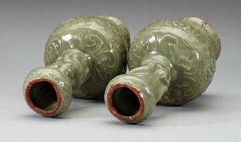 Two celadon glazed longquan vases, Ming dynasty (1368-1644).