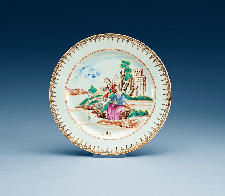 A famille rose 'European-Subject' dinner plate, Qing dynasty, Qianlong (1736-95).