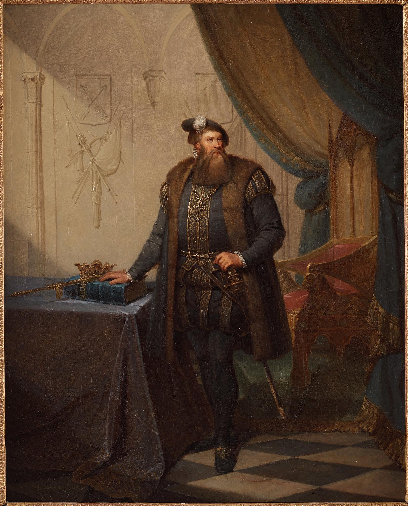 Johan Gustaf Sandberg, Gustav Vasa stående i en slottsinteriör intill ett draperat bord vilandes ena handen på Vasabibeln.
