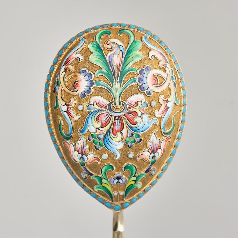 A Russian parcel-gilt cloisonné enamel spoon, maker's mark cyrillic possibly, GS for Grigory Spitnev, Moscow, 1908-1926.