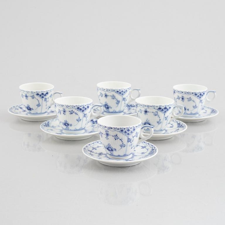 Royal Copenhagen, twelve coffee cups with saucers, 'Musselmalet Half Lace', Denmark.