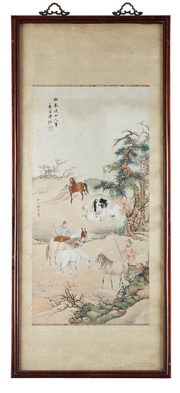 MÅLNING. Sen Qing dynastin (1644-1912). Landskap med hästar och herdar.