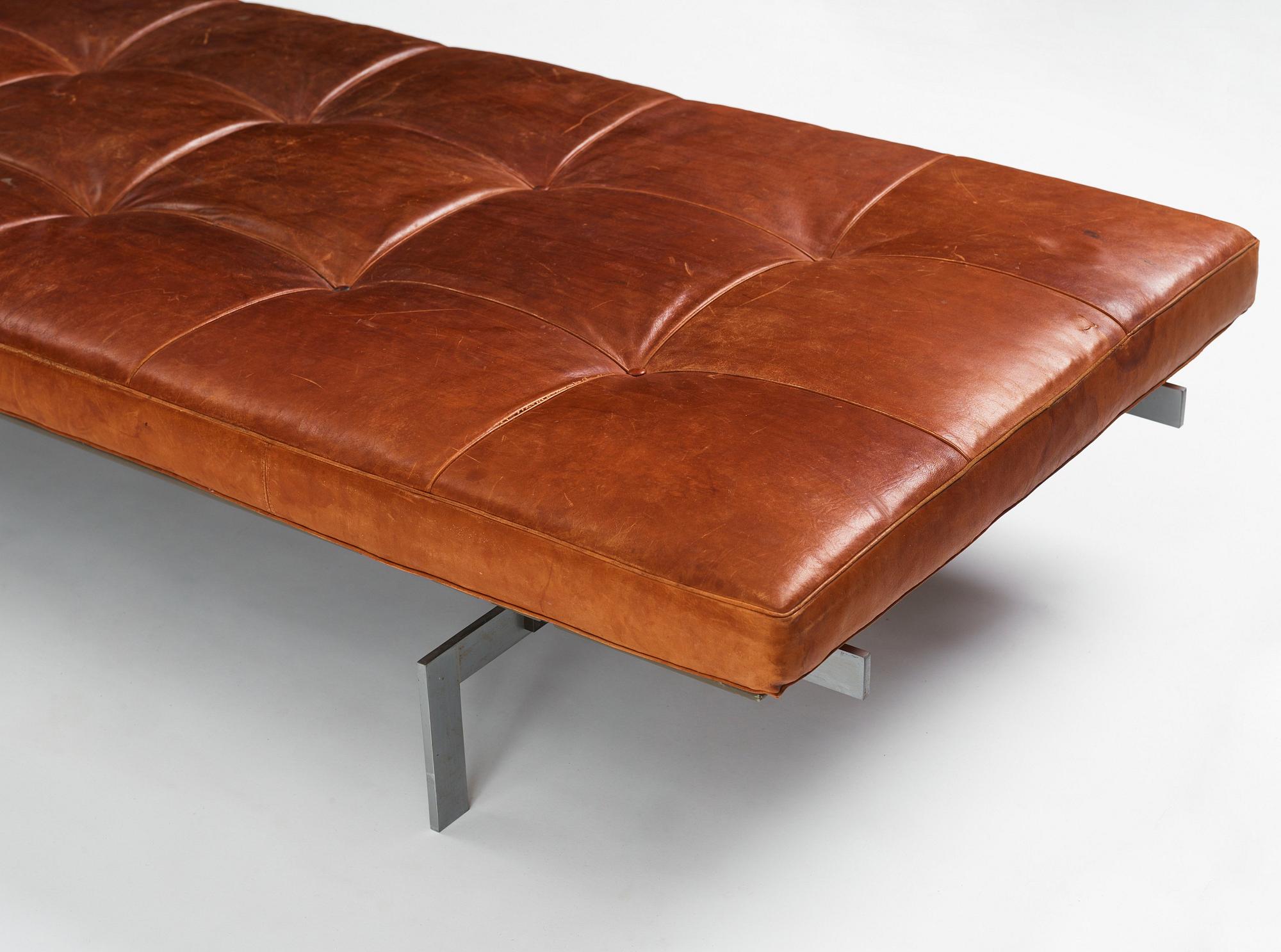 Poul Kjaerholm, A 'PK-80' steel and brown leather daybed, E Kold Christensen, Denmark 1960s.
