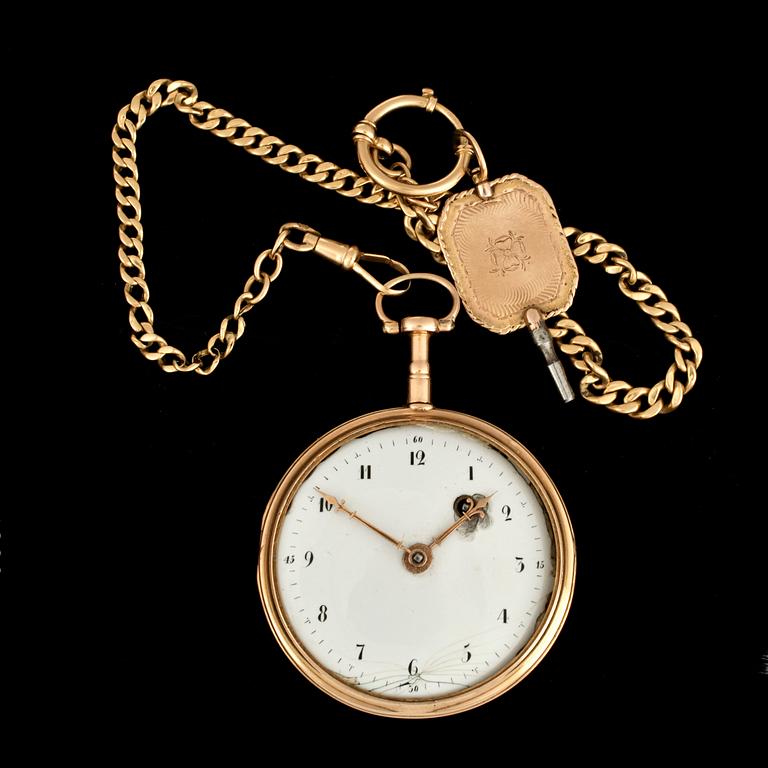 HERRFICKUR, PER HENRIK BEURLING MED KEDJA OCH NYCKEL, guld 18K, boetten, Nils Calén, Stockholm 1799. Tot ca 79 gram.