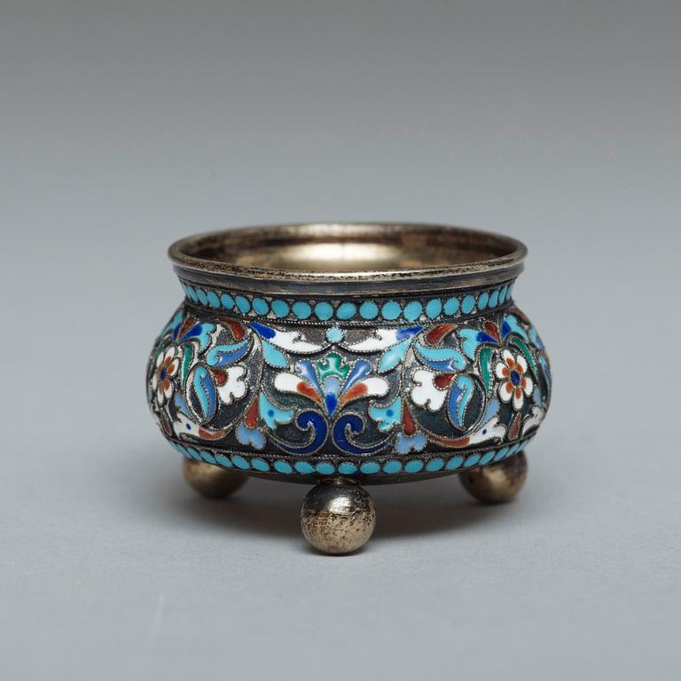 A Russian late 19th century silver-gilt and enamel salt, unidentified makers mark, Moscow.