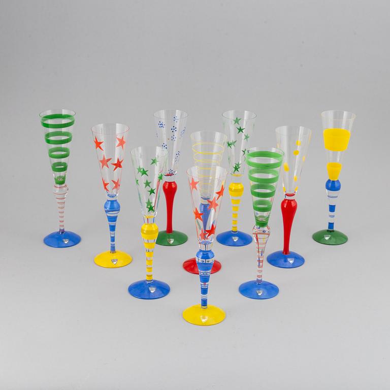 Anne Nilsson, ten hand painted 'Clown' champagne glasses, Orrefors.