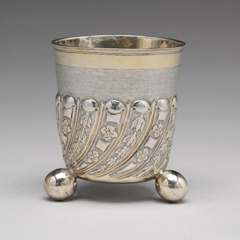 A Russian 18th century pacel-gilt silver beaker, unidentified makers mark, Moscow 1737.