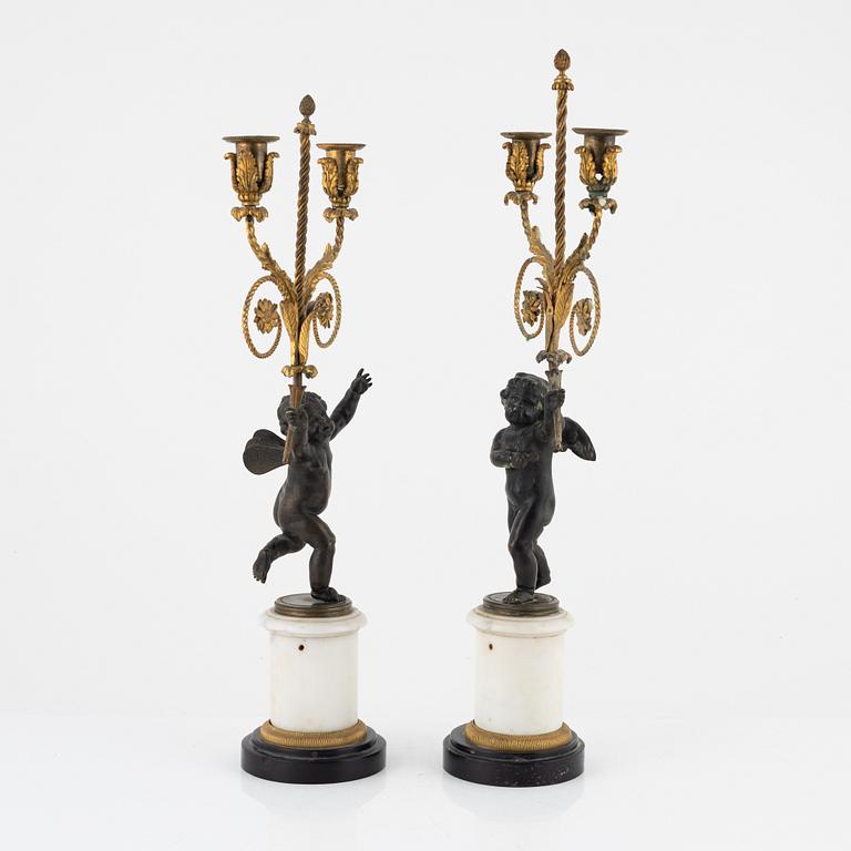 Kandelabrar, ett par för två ljus, Louis XVI-stil, 1800-tal.