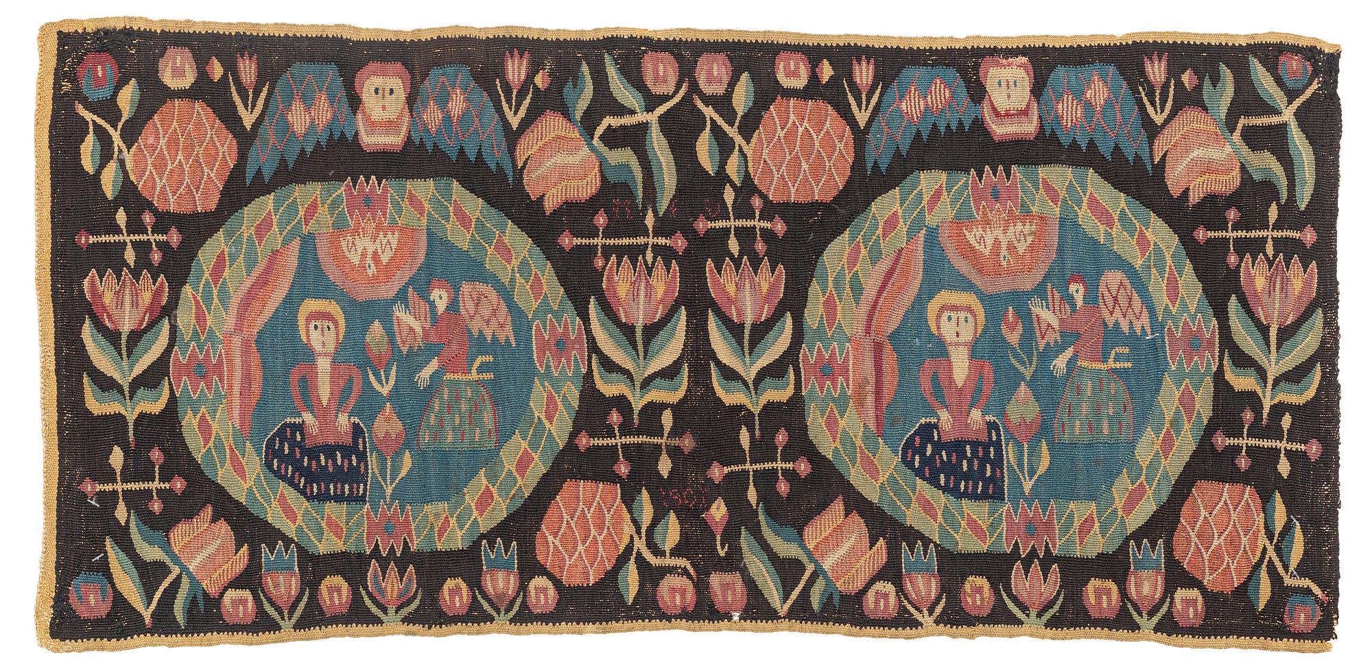 Åkdyna, "Bebådelsen", flamskväv, ca 98 x 45 cm, sydvästra, Skåne 1801, signerad MID.