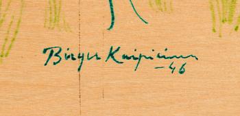 Birger Kaipiainen, drawing, green ink on plywood, signed and dated -46.