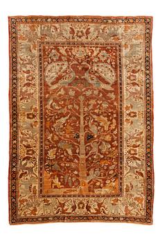 998. ANTIQUE SILK TABRIZ FIGURAL. 235 x 165 cm (as well as 1 cm stripe patterned flat woven edge at each end).