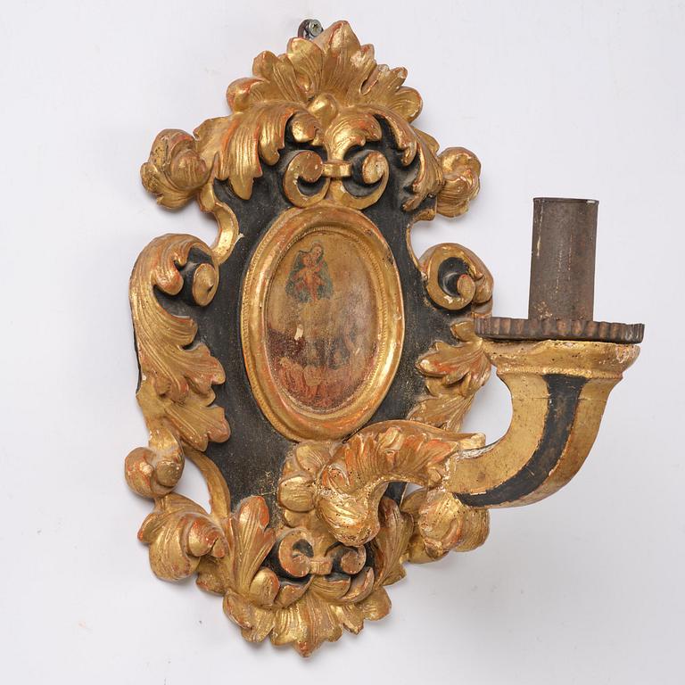 Wall sconces, a pair for one candle, Italy, 19th century, Baroque style.