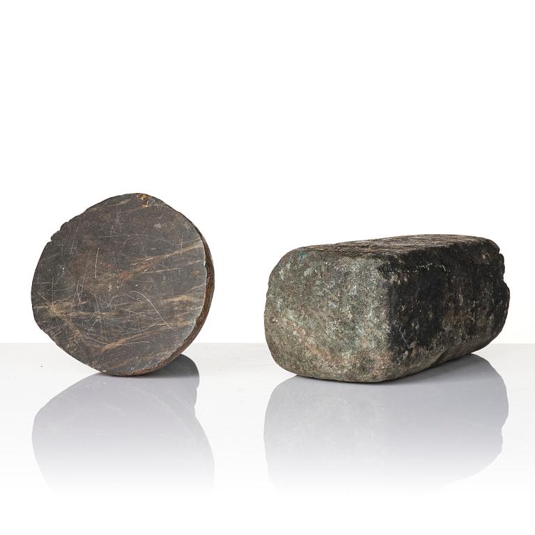 Two stone pigment graters, 18th / 19th century.