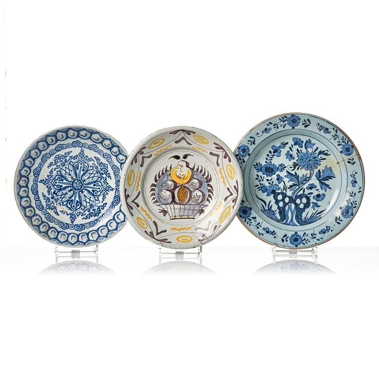 A group of three faience dishes, 18th century.