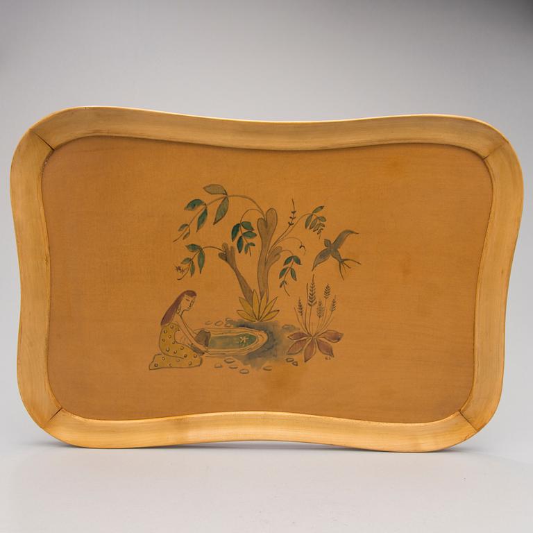 TAIDETARJOTIN, koivua ja koivuviilua, Hilkka-Liisa Ahola, signerad HLA, Soinne & Kni, 1900-luvun puoliväli.