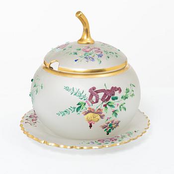 Punch bowl with lid and tray, frosted glass, Germany, circa 1900.