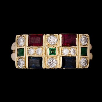 RING,14k  guld med fasettslipade rubiner, safirer och smaragder samt 10 briljantslipade diamanter. Vikt 6 g.