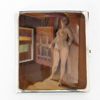 Cigarette case, silver, with a motif of Anders Zorn's "Flickan på loftet" from 1905 in enamel.