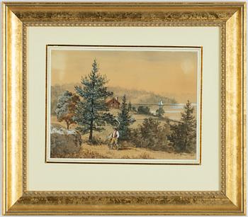 Anna Palm de Rosa, Lake landscape with a man with a scythe.