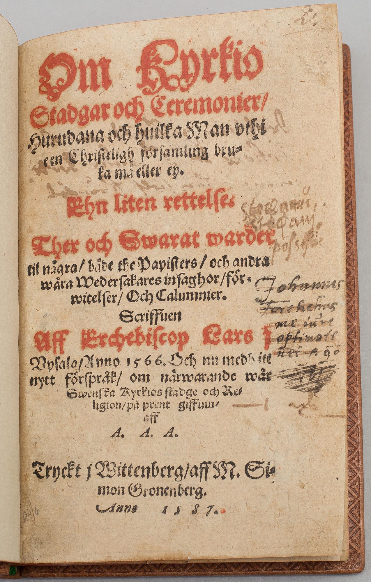 A BOOK, Laurentius Petri / Abraham Andreae Angermannus (utg.): Om kyrkiostadgar och ceremonier.