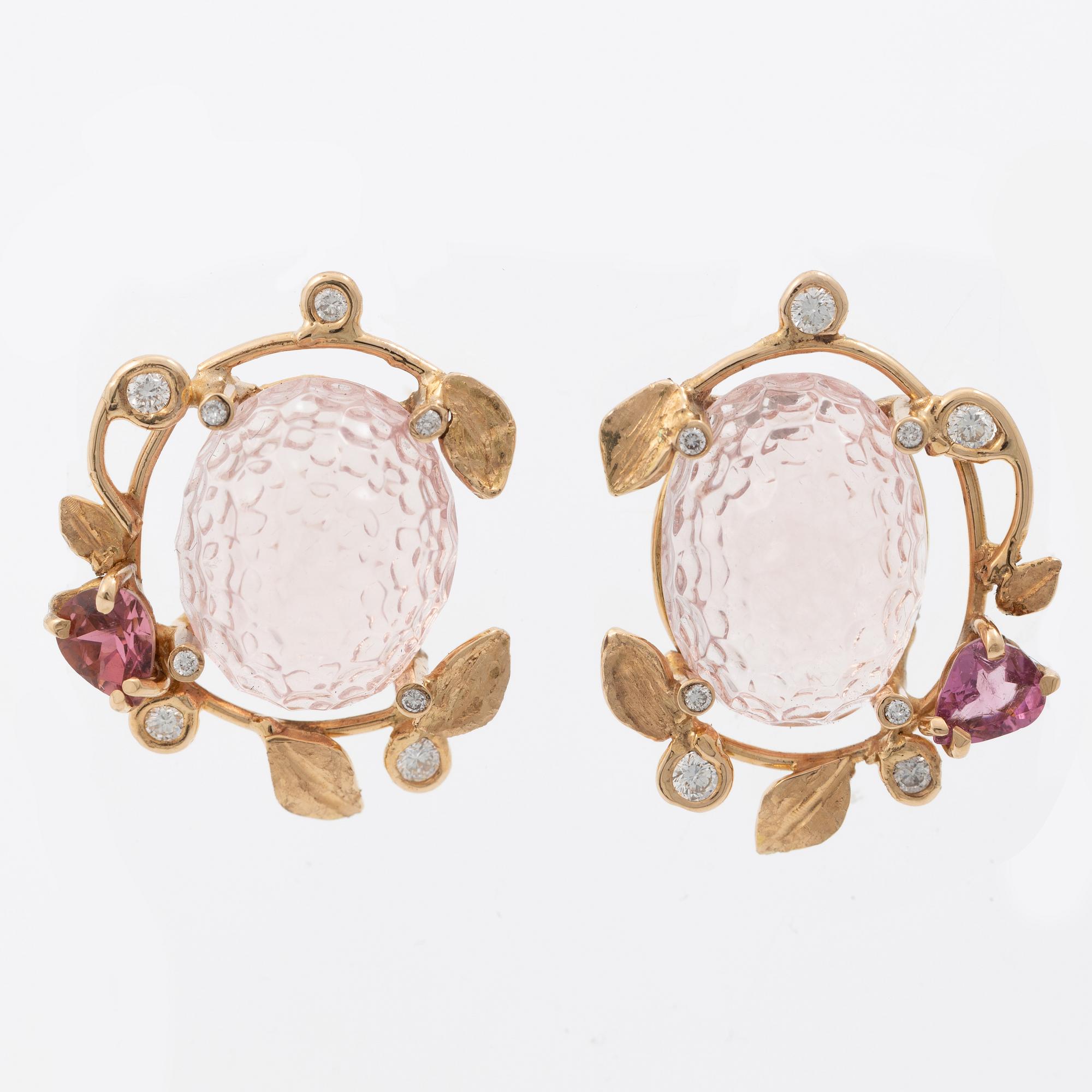 Earrings, Mandelstam, 18K gold with carved rose quartz, tourmalines and brilliant-cut diamonds.