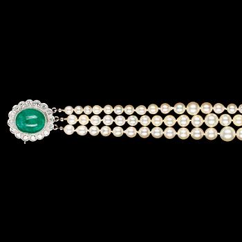 A cultured pearl, emerald and diamond necklace, 1950's.