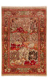 364. A pictoral very fine silk & metal thread Hereke souf rug, c. 150 x 100 cm.
