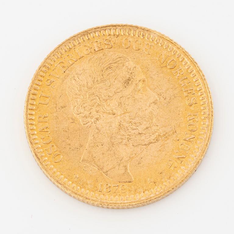 Gold coin, Oscar II, 20 kronor, type III, Sweden 1879.