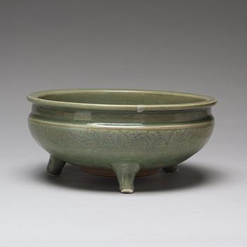 A celdonglazed tripod censer, Ming dynasty (1368-1644).