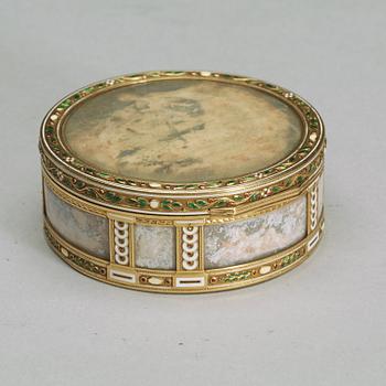 A Fabergé gold, enamel and miniature box, workmaster Henrik Wigstrom, St. Petersburg 1899-1908. Scratched inventory no.